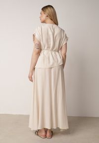 Born2be - Beżowy Komplet Boho z Lnem i Wiskozą Spódnica i Nietoperzowa Bluzka Fysernara. Kolor: beżowy. Materiał: wiskoza, len #5