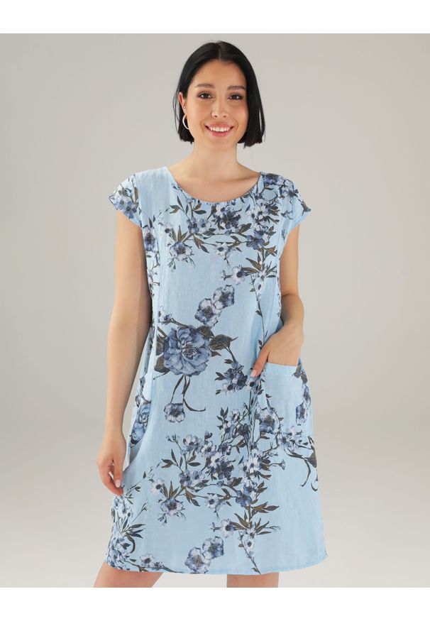 Unisono - LNIANA SUKIENKA W KWIATY 170-8134S CELEST. Materiał: len. Wzór: kwiaty