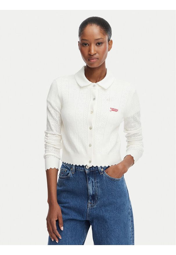 Tommy Jeans Kardigan Pointelle DW0DW22931 Biały Regular Fit. Kolor: biały. Materiał: wiskoza