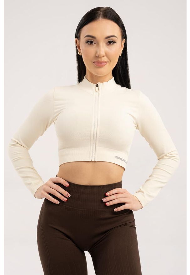 GYM GLAMOUR - Bluza fitness damska Gym Glamour bezszwowa rozpinana. Kolor: biały. Sport: fitness