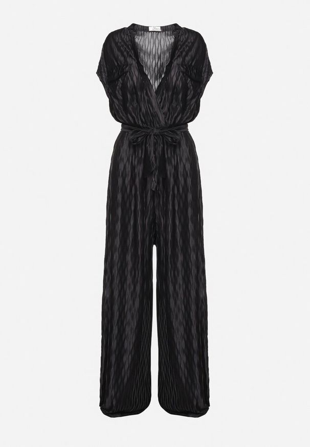 Born2be - Czarny Kombinezon z Kopertowym Dekoltem i Gumką w Pasie z Szerokimi Nogawkami i Paskiem Gliceri. Okazja: na co dzień. Kolor: czarny. Długość: długie. Styl: elegancki, casual