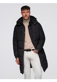 Ombre Clothing - Długa męska kurtka zimowa pikowana z kapturem - czarna V1 - Rozmiar: XXL. Typ kołnierza: kaptur. Kolor: czarny. Materiał: tkanina, guma, poliester, materiał. Długość: długie. Wzór: gładki, aplikacja. Sezon: zima #1