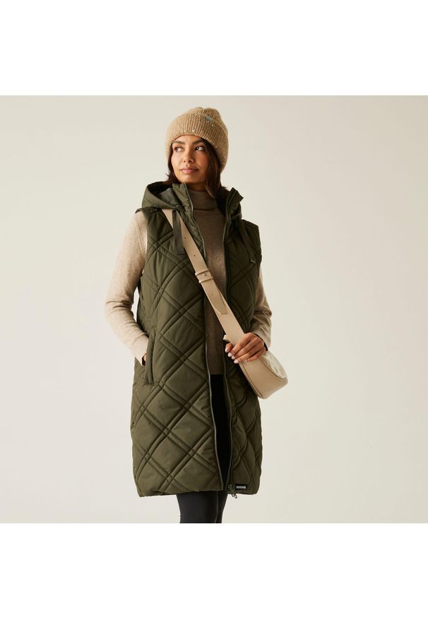Regatta - Kamizelka damska ocieplana długa Rurietta. Kolor: zielony. Materiał: puch. Długość rękawa: bez rękawów. Długość: długie. Styl: elegancki