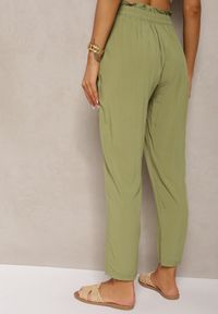 Renee - Zielone Spodnie z Bawełny Typu Paper Bag High Waist z Gumką w Talii Kitanea. Okazja: do pracy, na co dzień. Stan: podwyższony. Kolor: zielony. Materiał: bawełna. Styl: casual #3
