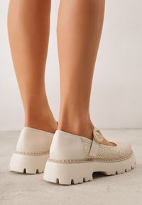 Renee - Beżowe Skórzane Półbuty Mary Jane w Stylu Chunky Zdobione Plecionką Morxina. Zapięcie: klamry. Kolor: beżowy. Materiał: skóra. Szerokość cholewki: normalna. Wzór: aplikacja. Styl: retro #7
