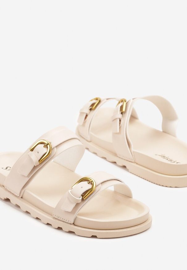 Renee - Beżowe Klapki z Paskami na Klamry Yasazi. Okazja: na spacer. Kolor: beżowy. Materiał: jeans, len. Sezon: lato. Styl: wakacyjny