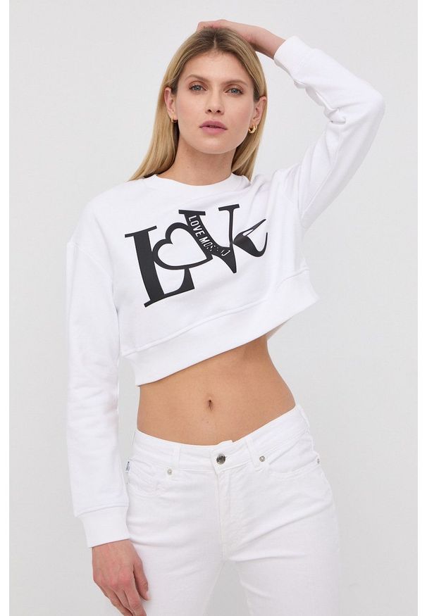 Love Moschino bluza bawełniana damska kolor biały z nadrukiem. Okazja: na co dzień. Kolor: biały. Materiał: bawełna. Wzór: nadruk. Styl: casual