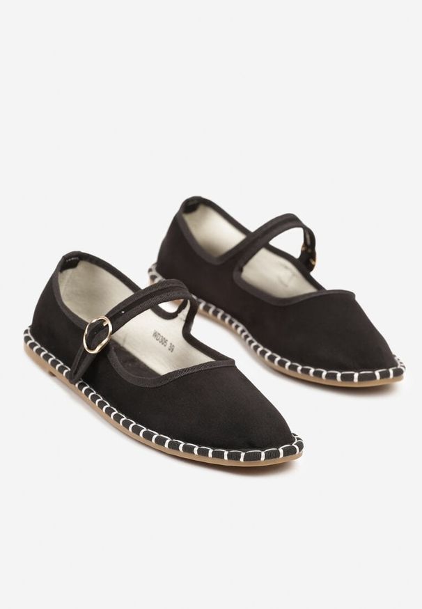 Renee - Czarne Balerinki Espadryle z Przeszyciami i Paskiem Firionea. Okazja: na co dzień. Zapięcie: pasek. Kolor: czarny. Sezon: lato. Styl: elegancki, casual