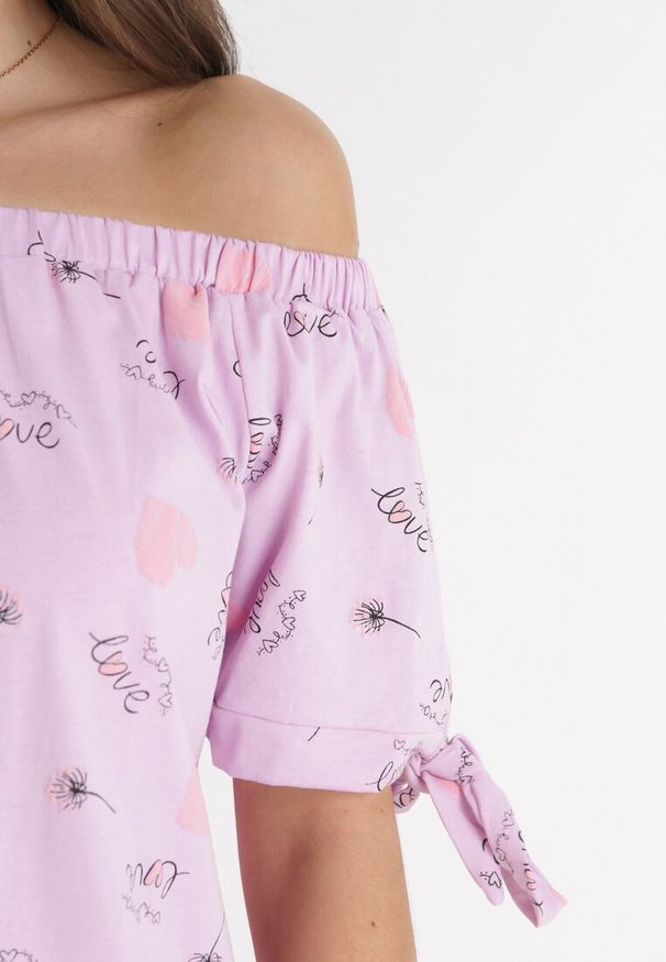 Born2be - Fioletowa Bawełniana Sukienka Mini z Hiszpańskim Dekoltem i Ozdobnymi Rękawami Rynla. Typ kołnierza: dekolt hiszpanka. Kolor: fioletowy. Materiał: bawełna. Długość rękawa: krótki rękaw. Sezon: lato, wiosna. Długość: mini
