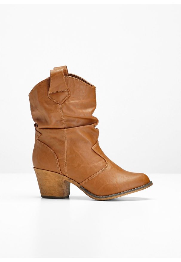 bonprix - Botki kowbojki z marszczoną cholewką. Kolor: brązowy. Szerokość cholewki: normalna