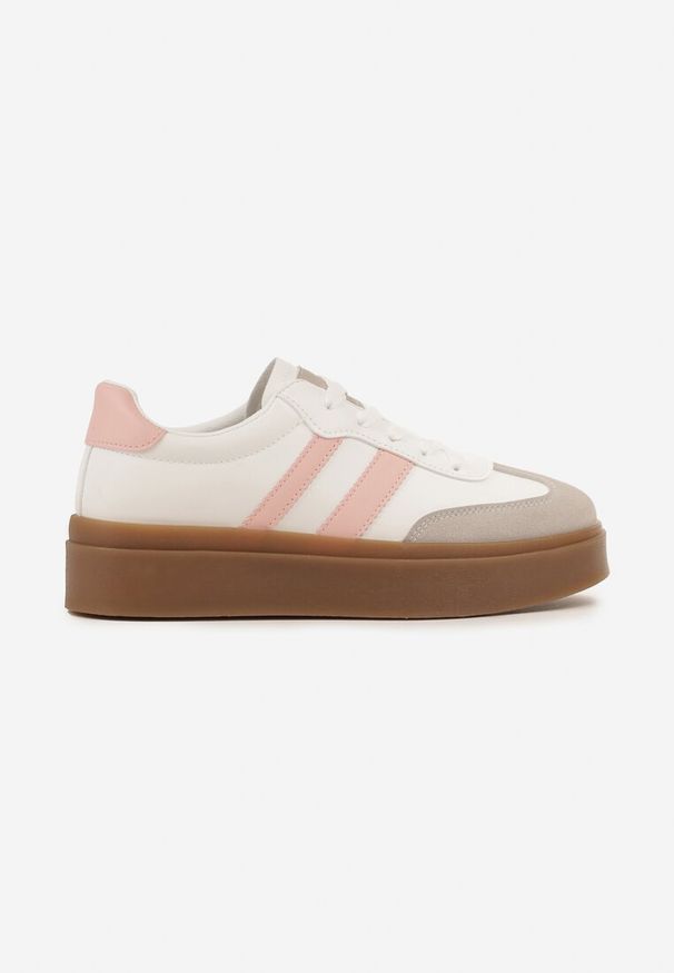 Born2be - Biało-Różowe Sneakersy w Stylu Tenisówek z Paskami Nilomira. Okazja: na co dzień. Zapięcie: pasek. Kolor: biały. Materiał: jeans