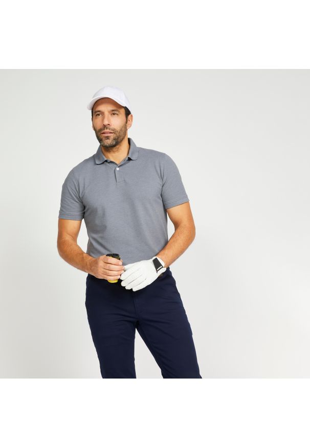 INESIS - Koszulka polo do golfa z krótkim rękawem męska Inesis MW500. Typ kołnierza: golf, polo. Kolor: szary. Materiał: poliester, materiał, bawełna. Długość rękawa: krótki rękaw. Długość: krótkie. Wzór: ze splotem. Styl: klasyczny