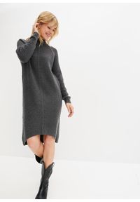 bonprix - Sukienka dzianinowa z dłuższym tyłem. Kolor: szary. Materiał: dzianina. Długość: mini, midi #1