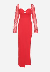 Born2be - Czerwona Sukienka z Dekoltem Caro i Siateczkowymi Rękawami z Perełkami Inelara. Kolor: czerwony. Wzór: aplikacja #2