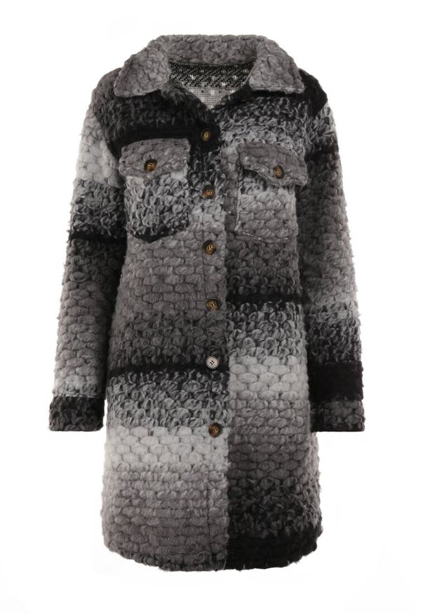 Born2be - Szary Płaszcz Wełniany Yoralin. Kolor: szary. Materiał: wełna. Długość rękawa: długi rękaw. Długość: długie. Wzór: gradientowy, ze splotem. Sezon: jesień. Styl: vintage