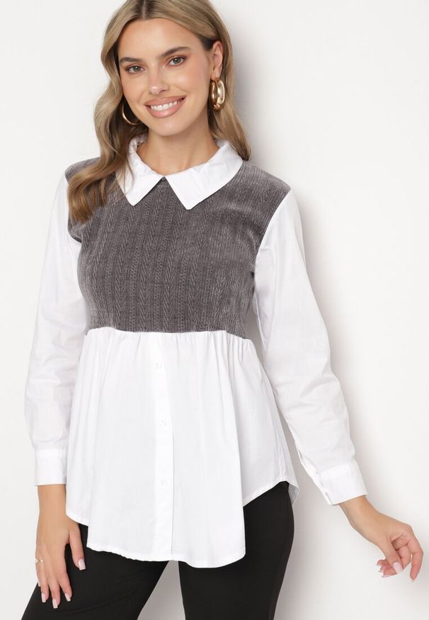 Born2be - Biało-Szara Bluzka Koszulowa z Bawełną Połączona z Dzianinową Kamizelką Etamaris. Typ kołnierza: kołnierzyk klasyczny. Kolor: biały. Materiał: dzianina, bawełna. Długość rękawa: długi rękaw. Długość: długie. Styl: klasyczny, elegancki