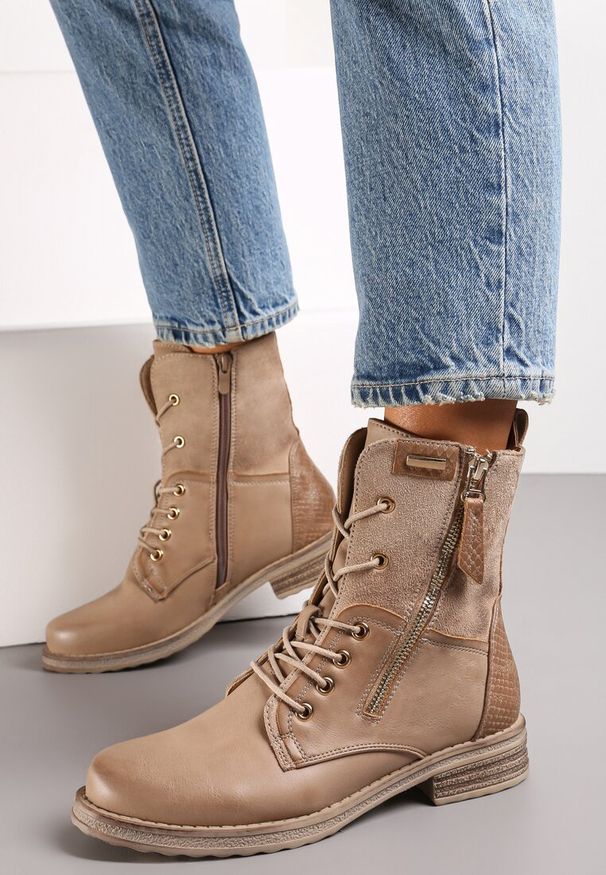 Renee - Beżowe Botki z Ozdobnym Suwakiem i Sznurowaniem Sanara. Okazja: na co dzień. Kolor: beżowy. Materiał: jeans. Styl: casual