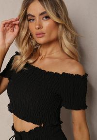 Renee - Czarny Komplet Top Hiszpanka i Spódnico-Spodenki z Falbanami oraz Gumką Rinaria. Kolor: czarny. Materiał: jeans
