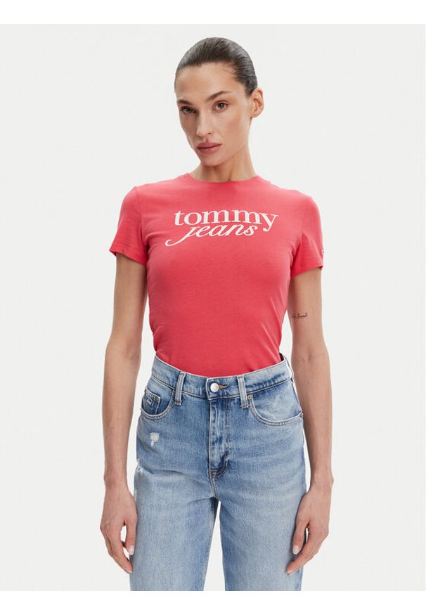 Tommy Jeans T-Shirt DW0DW20459 Różowy Slim Fit. Kolor: różowy. Materiał: bawełna