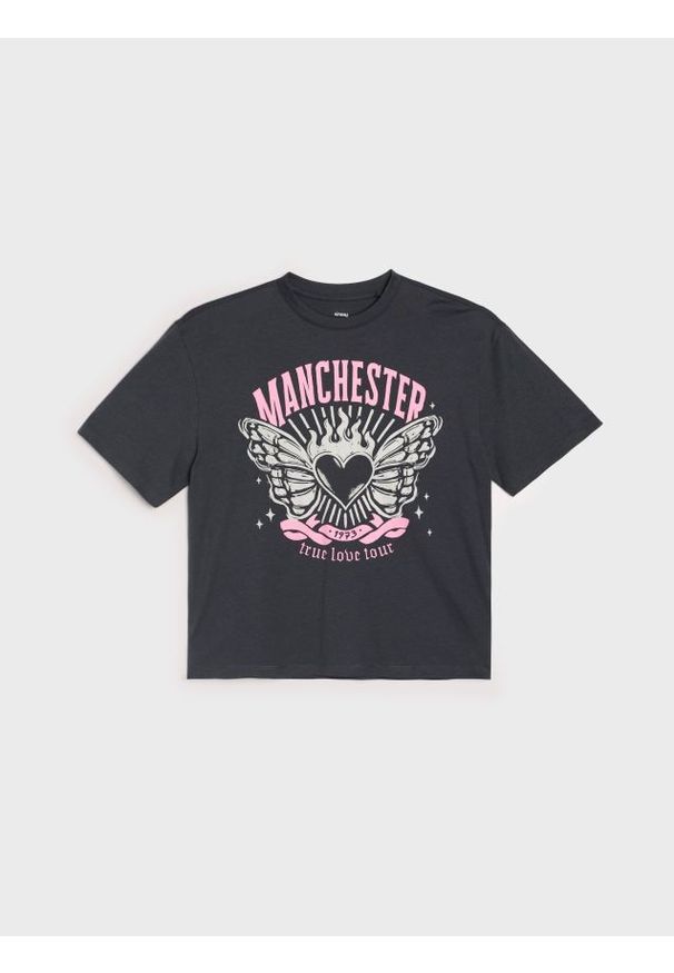 Sinsay - Bawełniana koszulka z krótkim rękawem - szary. Kolor: szary. Materiał: bawełna. Długość rękawa: krótki rękaw. Długość: krótkie