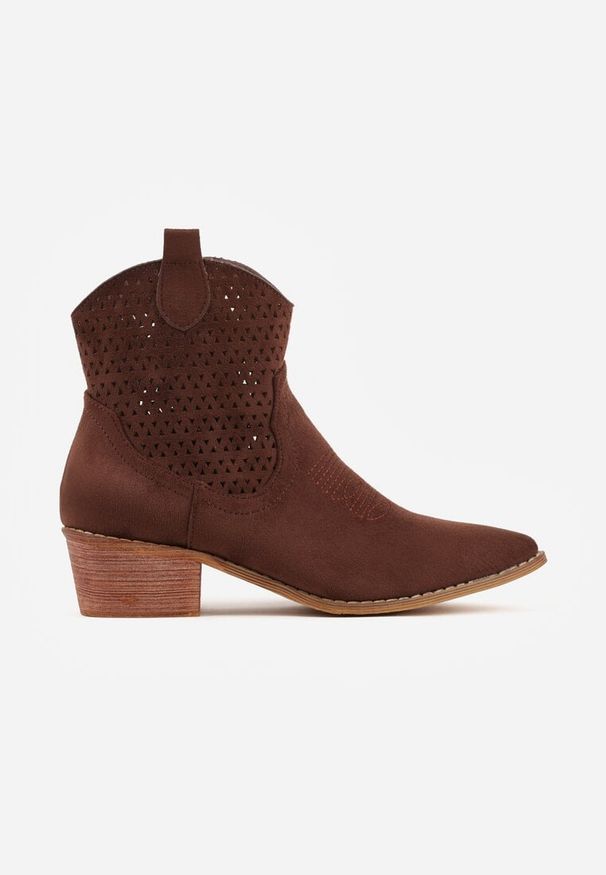 Born2be - Brązowe Ażurowe Botki Vices w Stylu Kowbojek na Obcasie Norfedi. Okazja: na co dzień, do pracy. Kolor: brązowy. Materiał: skóra, jeans, dzianina. Wzór: ażurowy. Obcas: na obcasie. Styl: casual, elegancki. Wysokość obcasa: średni