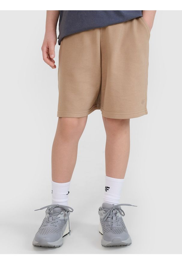 4f - 4F Spodenki dresowe dziewczęce - beżowe 140 (9-10 lat). Kolor: beżowy. Materiał: dresówka. Długość: krótkie. Wzór: gładki, ze splotem. Sezon: lato