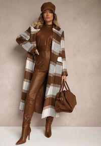 Renee - Brązowy Niezapinany Płaszcz w Kratkę z Kieszeniami z Klapą Fiboila. Okazja: na co dzień. Kolor: brązowy. Materiał: jeans. Wzór: kratka. Styl: elegancki, casual