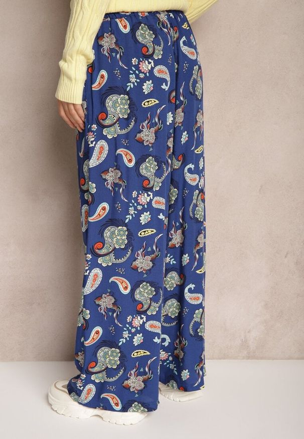Renee - Niebieskie Bawełniane Spodnie Boho w Stylu Palazzo z Gumką w Pasie i Wysokim Stanem Pravia. Okazja: na co dzień. Stan: podwyższony. Kolor: niebieski. Materiał: bawełna. Styl: boho