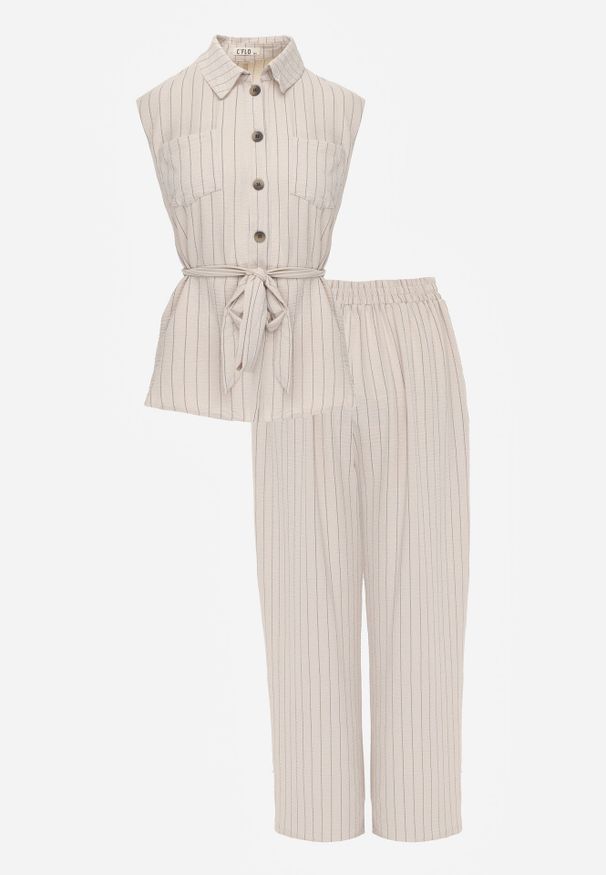 Born2be - Beżowy Wiskozowy Komplet Szerokie Spodnie i Koszula Bez Rękawów z Wiązaniem Zanran. Kolor: beżowy. Materiał: wiskoza