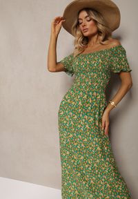 Renee - Zielona Sukienka z Wiskozy Tariya. Typ kołnierza: dekolt hiszpanka. Kolor: zielony. Materiał: wiskoza. Wzór: aplikacja, gładki, kwiaty, nadruk. Styl: boho. Długość: maxi