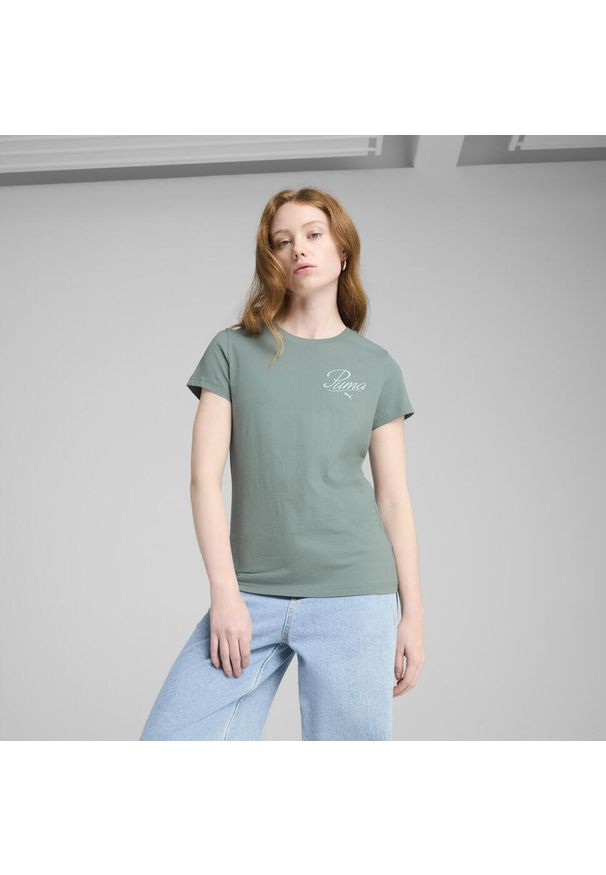 Puma - Damska koszulka ESS SCRIPT PUMA Green Moon. Kolor: zielony. Wzór: haft. Sport: fitness