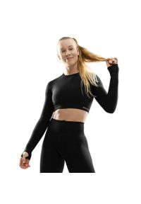 SIROKO - Damska bezszwowa sportowa koszulka crop top z długim rękawem Fitness Siroko Te. Okazja: na co dzień. Kolor: czarny. Materiał: materiał, tkanina. Długość rękawa: długi rękaw. Długość: długie. Styl: sportowy