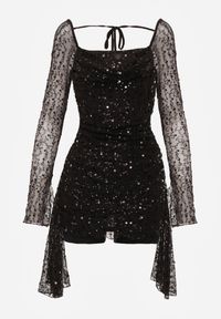 Born2be - Czarna Cekinowa Sukienka VICES o Dopasowanym Kroju z Wiązaniem Adrasalphia. Kolor: czarny. Styl: elegancki, klasyczny #4