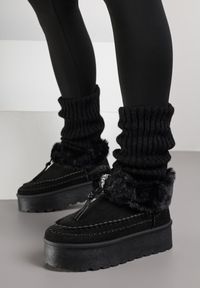 Born2be - Czarne Śniegowce na Grubej Podeszwie z Ozdobnymi Przeszyciami i Futerkiem Lindera. Okazja: na co dzień. Kolor: czarny. Materiał: futro. Styl: casual #6