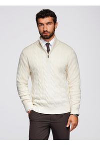 Ombre Clothing - Sweter męski o warkoczowym splocie z golfem zapinanym na zamek – kremowy V1 - Rozmiar: M. Okazja: na co dzień. Typ kołnierza: golf. Kolor: kremowy. Materiał: poliamid, bawełna, materiał. Wzór: ze splotem. Styl: klasyczny, casual, elegancki #1