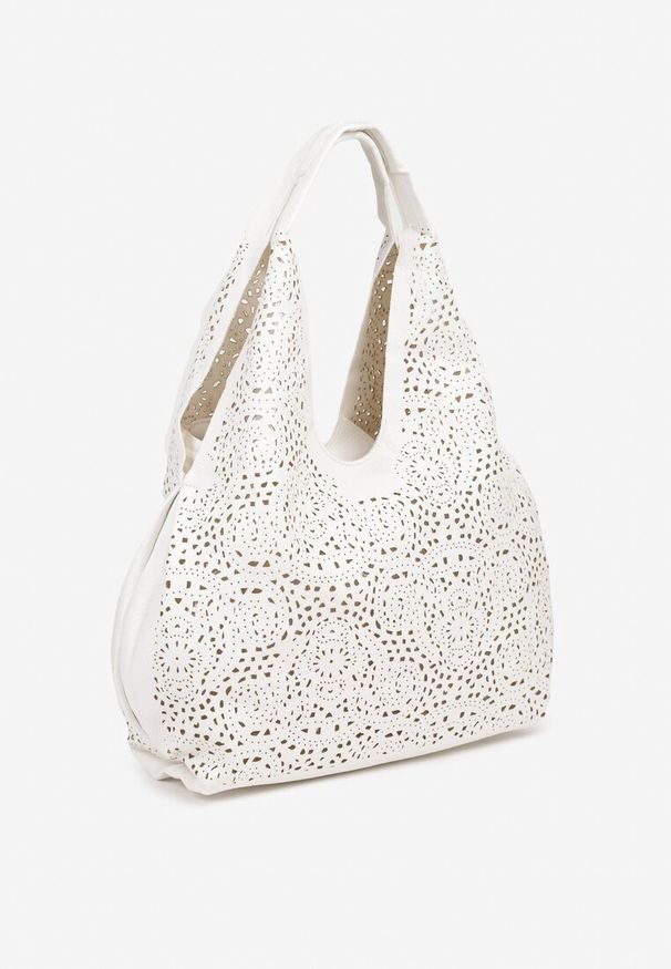 Born2be - Biała Ażurowa Torebka Hobo z Dodatkową Saszetką Frosira. Kolor: biały. Wzór: ażurowy. Materiał: zdobione. Styl: klasyczny, elegancki, casual