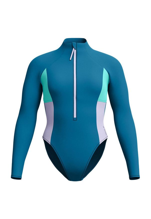 Speedo - Damski Jednoczęściowy Kostium Kąpielowy Z Długim Rękawem Z Kolorowymi Wstawkami. Kolor: zielony. Długość: długie. Wzór: kolorowy