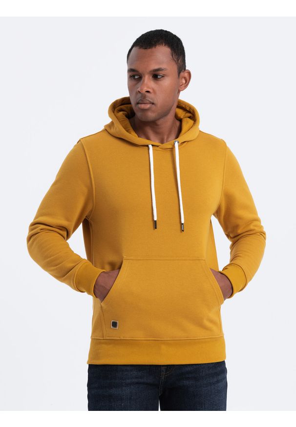 Ombre Clothing - Bluza męska z kapturem nierozpinana - musztardowa V4. Typ kołnierza: kaptur. Kolor: żółty. Materiał: bawełna, poliester
