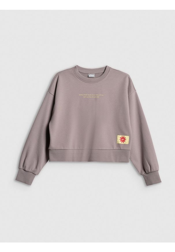 4f - 4F Bluza dresowa loose bez kaptura dziewczęca - beżowa 158/164 (12-14 lat). Okazja: na spacer, na co dzień, na uczelnię. Typ kołnierza: bez kaptura. Kolor: beżowy. Materiał: dresówka. Sezon: lato. Styl: casual