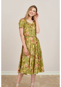 Marie Zélie - Sukienka Rosa Bouquet zielona. Typ kołnierza: kokarda. Kolor: zielony. Materiał: tkanina, wiskoza, len, materiał. Długość rękawa: krótki rękaw. Długość: midi #7