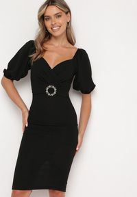 Born2be - Czarna Sukienka Dopasowana z Paskiem i Klamrą w Talii oraz Bufiastymi Rękawami Lurdia. Okazja: na ślub cywilny, na wesele. Kolor: czarny. Wzór: aplikacja. Styl: elegancki #3