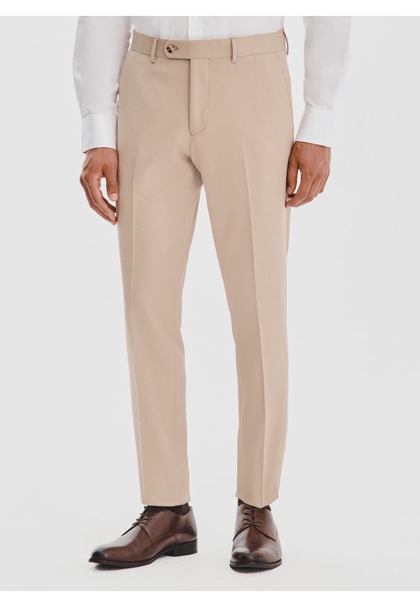 Pako Lorente - PAKO LORENTE – Beżowe spodnie garniturowe. Okazja: na spotkanie biznesowe. Kolor: beżowy. Materiał: poliester, elastan, wiskoza. Styl: biznesowy