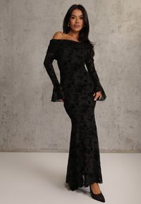 Renee - Czarna Wizytowa Sukienka VICES Off Shoulder z Kwiatowym Wzorem z Weluru Adrakharei. Okazja: na imprezę. Kolor: czarny. Materiał: welur. Wzór: kwiaty. Styl: wizytowy #3