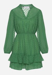 Born2be - Zielona Rozkloszowana Sukienka Mini z Bufiastymi Rękawami i Falbanką Illathi. Kolor: zielony. Materiał: materiał. Wzór: aplikacja. Długość: mini #2