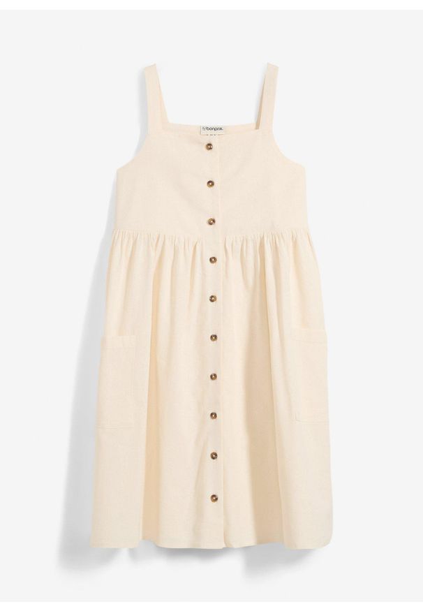 bonprix - Sukienka na ramiączkach z przewiewnej mieszanki lnu. Kolor: beżowy. Materiał: len. Długość rękawa: na ramiączkach. Sezon: lato