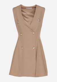 Born2be - Ciemnobeżowa Sukienka Rozkloszowana Ozdobiona Guzikami Pallisna. Kolor: beżowy. Materiał: materiał. Wzór: aplikacja. Typ sukienki: rozkloszowane. Styl: elegancki, klasyczny #7