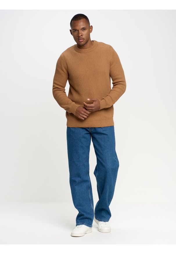 Big-Star - Sweter męski klasyczny brązowy Riko 803. Okazja: na co dzień. Kolor: brązowy. Materiał: bawełna. Wzór: ze splotem, prążki. Styl: klasyczny