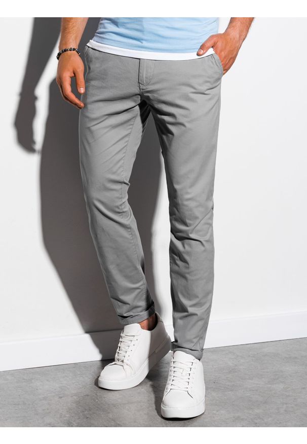 Ombre Clothing - Spodnie męskie chino P894 - szare - XL. Kolor: szary. Materiał: elastan, bawełna