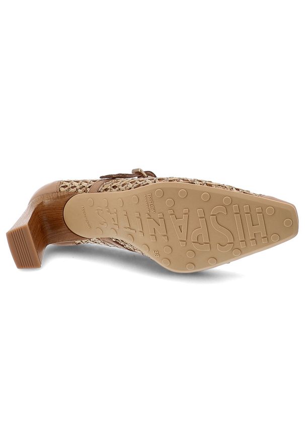 Czółenka damskie Hispanitas, z łączonych materiałów z ażurową cholewką o plecionym wykończeniu stabilny obcas o słupkowym kształcie, beżowe, RHV26460. Okazja: na spotkanie biznesowe. Zapięcie: pasek. Kolor: beżowy. Szerokość cholewki: normalna. Wzór: ażurowy. Materiał: materiał. Obcas: na obcasie. Styl: biznesowy, elegancki. Wysokość obcasa: średni