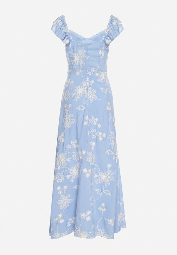 Born2be - Niebieska Wiskozowa Sukienka Ozdobiona Haftami i Falbankami Lumionea. Typ kołnierza: kołnierz z falbankami. Kolor: niebieski. Materiał: wiskoza. Wzór: aplikacja, haft. Styl: elegancki